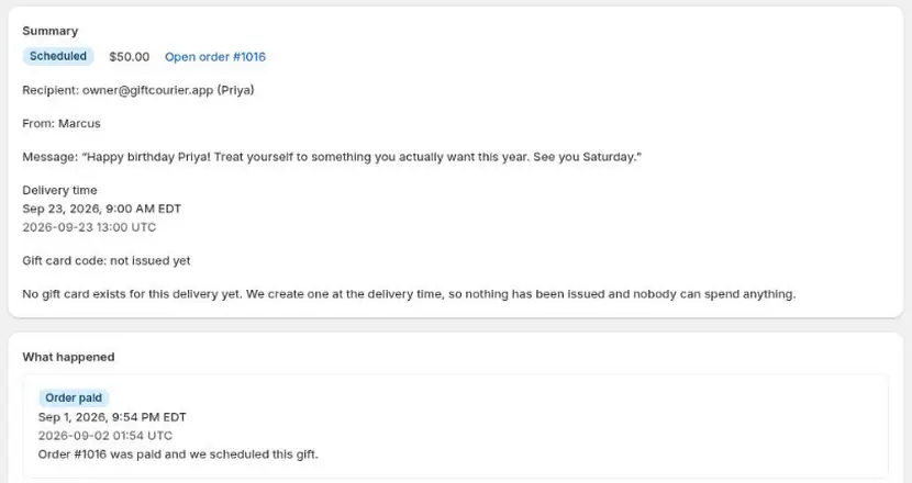 One scheduled $50.00 gift, due Sep 23, 2026. The gift card code reads not issued yet, with the note: no gift card exists for this delivery yet, we create one at the delivery time, so nothing has been issued and nobody can spend anything